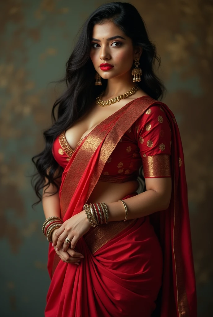 A man in a lady saree and blouse and attractive face and showing full big boobs and long silky hair and red lipistic and hot
