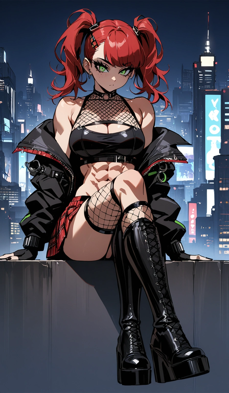 woman, stoic, curly red hair in pig tails, green eyes, black eyeshadow, wearing crop top black shirt, long black jacket, red plaid skirt, black knee high boots, black fingerless gloves, exposed shoulders, large breasts, freckles, abs, cleavage, looking down at viewer, masterpiece, best quality, Holo-Punk Style, cityscape, make up, eyelashes, fish net undershirt, fish net stockings, (full body), legs crossed