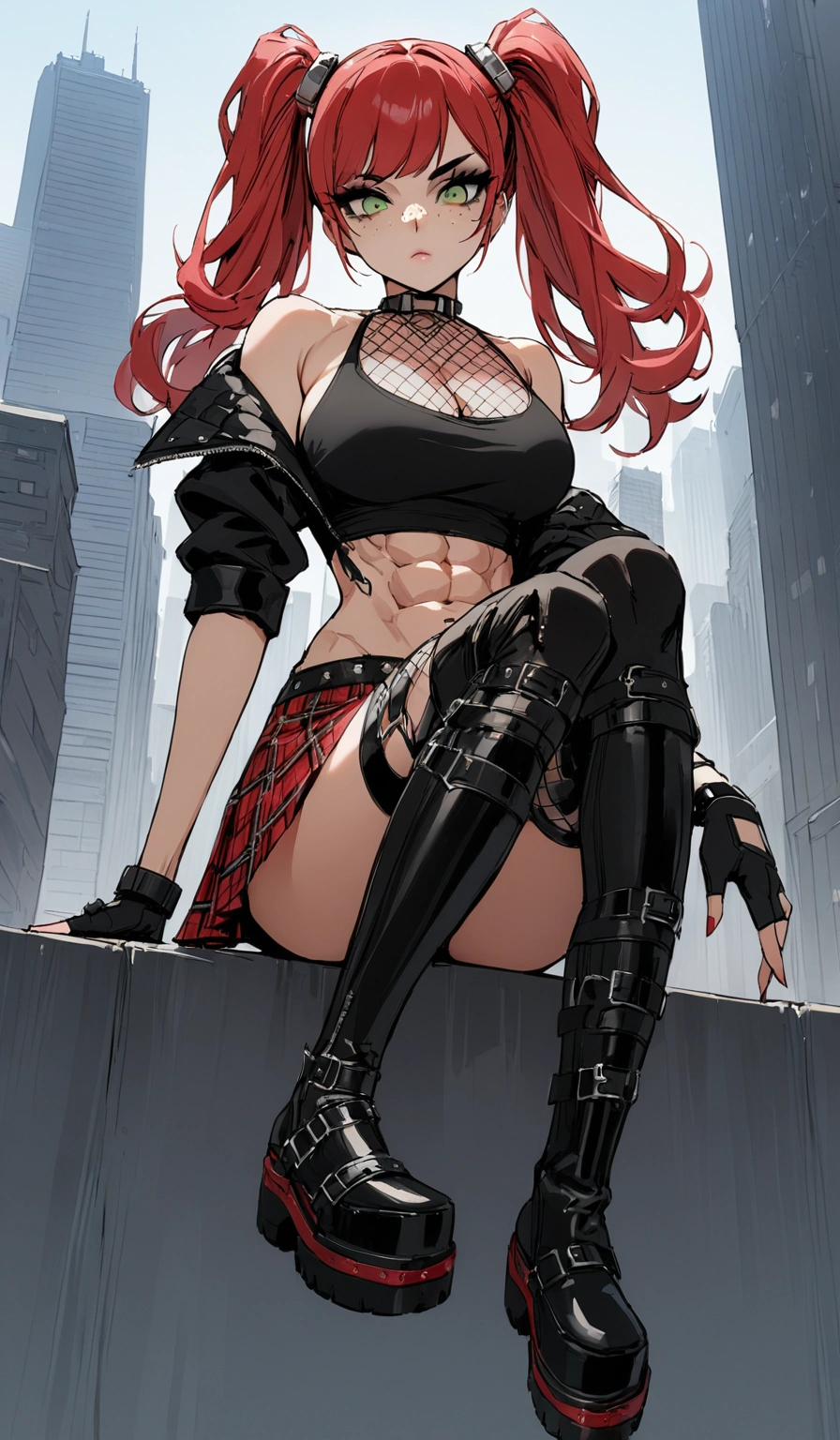 woman, stoic, curly red hair in pig tails, green eyes, black eyeshadow, wearing crop top black shirt, long black jacket, red plaid skirt, black knee high boots, black fingerless gloves, exposed shoulders, large breasts, freckles, abs, cleavage, looking down at viewer, masterpiece, best quality, Holo-Punk Style, cityscape, make up, eyelashes, fish net undershirt, fish net stockings, (full body), legs crossed