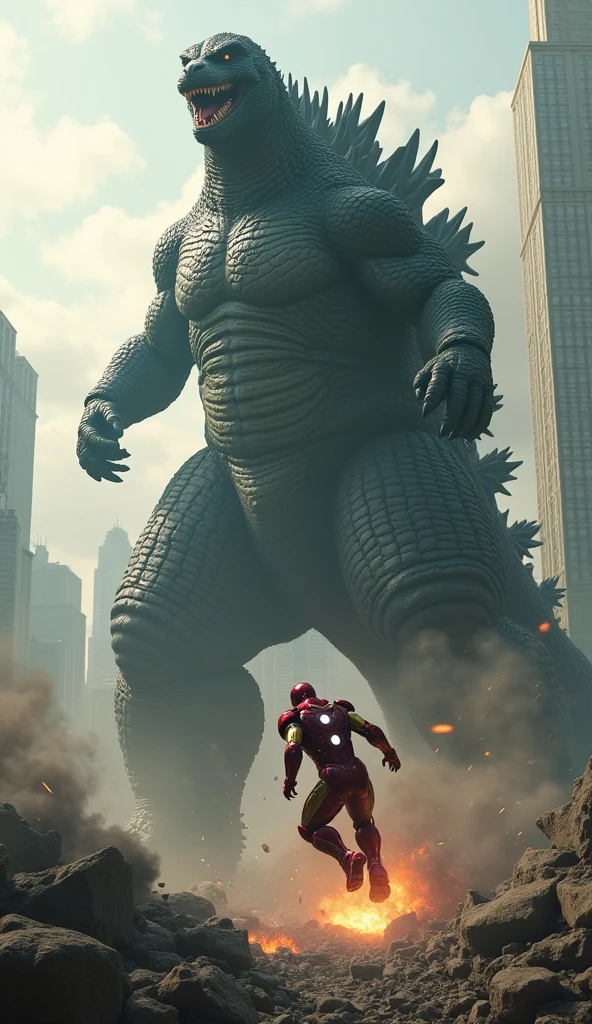 A large Godzilla chases Iron Man and runs away in fear.