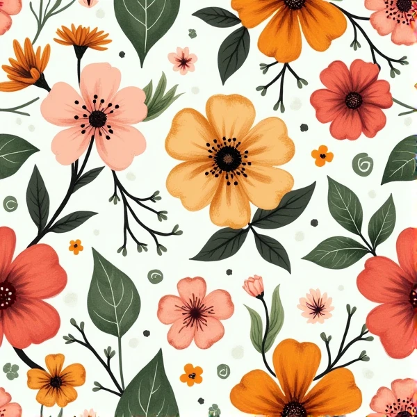 Create a seamless floral flower pattern with detailed botanical elements such leaves, and vines, using a vintage or watercolor style --tile-s750