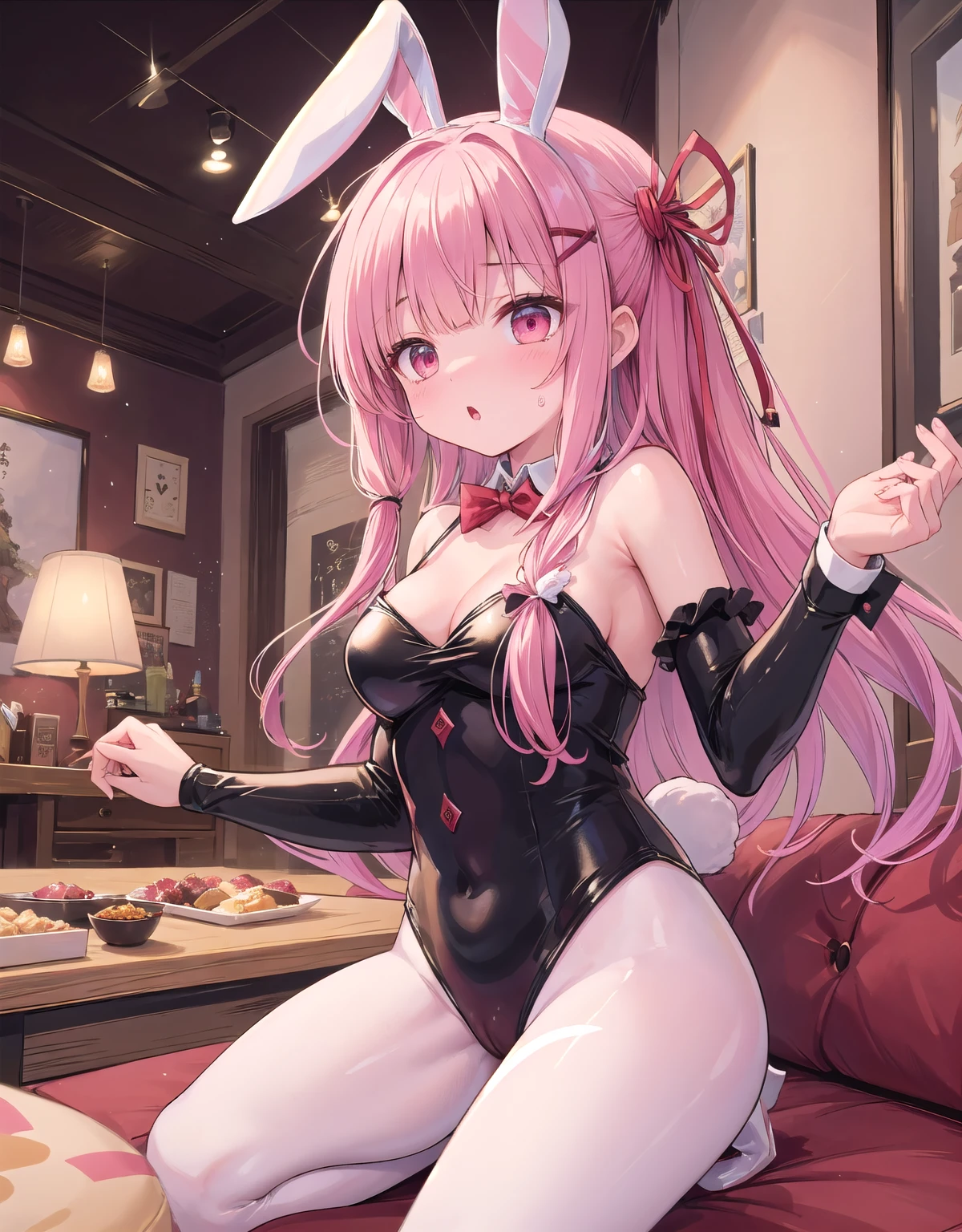 (masterpiece, Highest quality:1.2), One personで, One person, Kotonoha Akane,whole body,Perfect composition,(((bunny suits:1.5))),bunny girl:1.4,(((flabbergasted:1.3))),casiino,Cinema Lighting,Hair Ribbon,Black Dress,Wide sleeves,Expose your shoulders,{(青と茶色のHair Ribbon:1.3)}