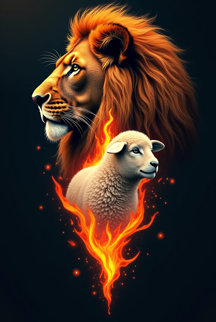 Tattoo of a lion's face looking to the left, a lamb's face below it looking to the left and a flame in the middle