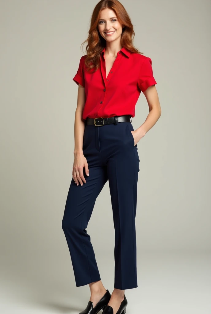 woman in red dress shirt, short sleeve, navy blue pants, black belt and black shoes, Whole body