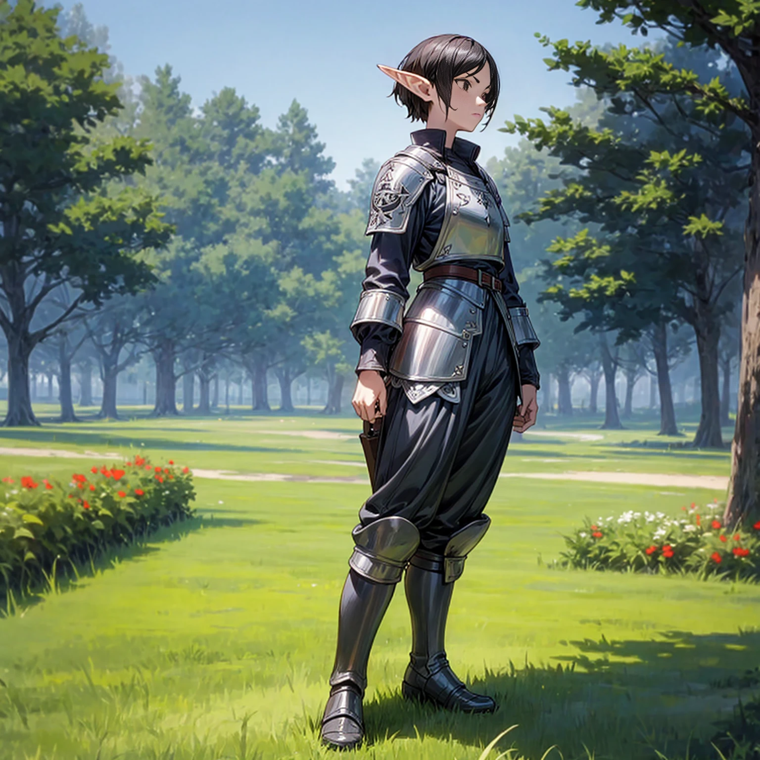 Solo character, full body version, young man, (elf), black eyes, black color hair, short hair, soldier clothing, white color clothing, brown pants, boots, outdoor, park, field, Greenland, medieval, standing gesture, detailed background, detailed clothing, detailed hair, (one piece style art), muscle, heavy armored, helm