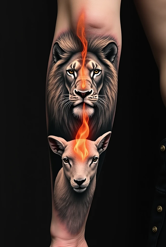Tattoo of a lion's face looking to the left, a lamb's face below it looking to the right and a flame in the middle