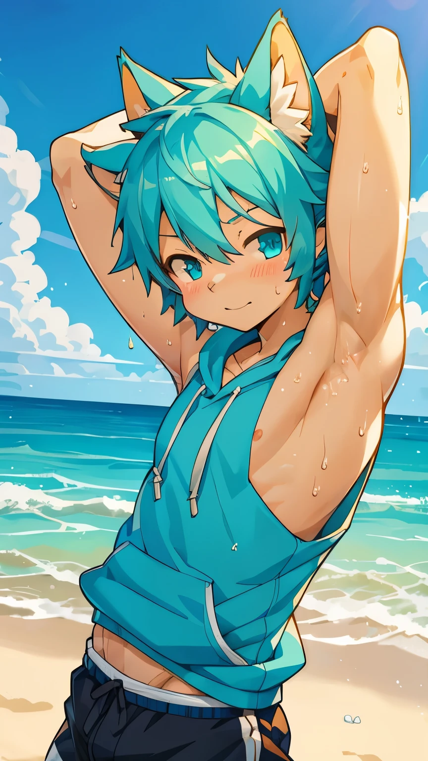 Anime style,top quality, best quality, High-quality illustrations, masterpiece, detailed background, -Yeld-Boyougy, shota, Cyan cat boy, Sleeveless hoodie, Body, (Showing armpit:1.4), Slim body, Slim stomach, Beach, cute, handsome, Happy, joyful, Sweat, Blush, (highly detailed beautiful face and eyes)perfect anatomy(kemono, furry anthro)