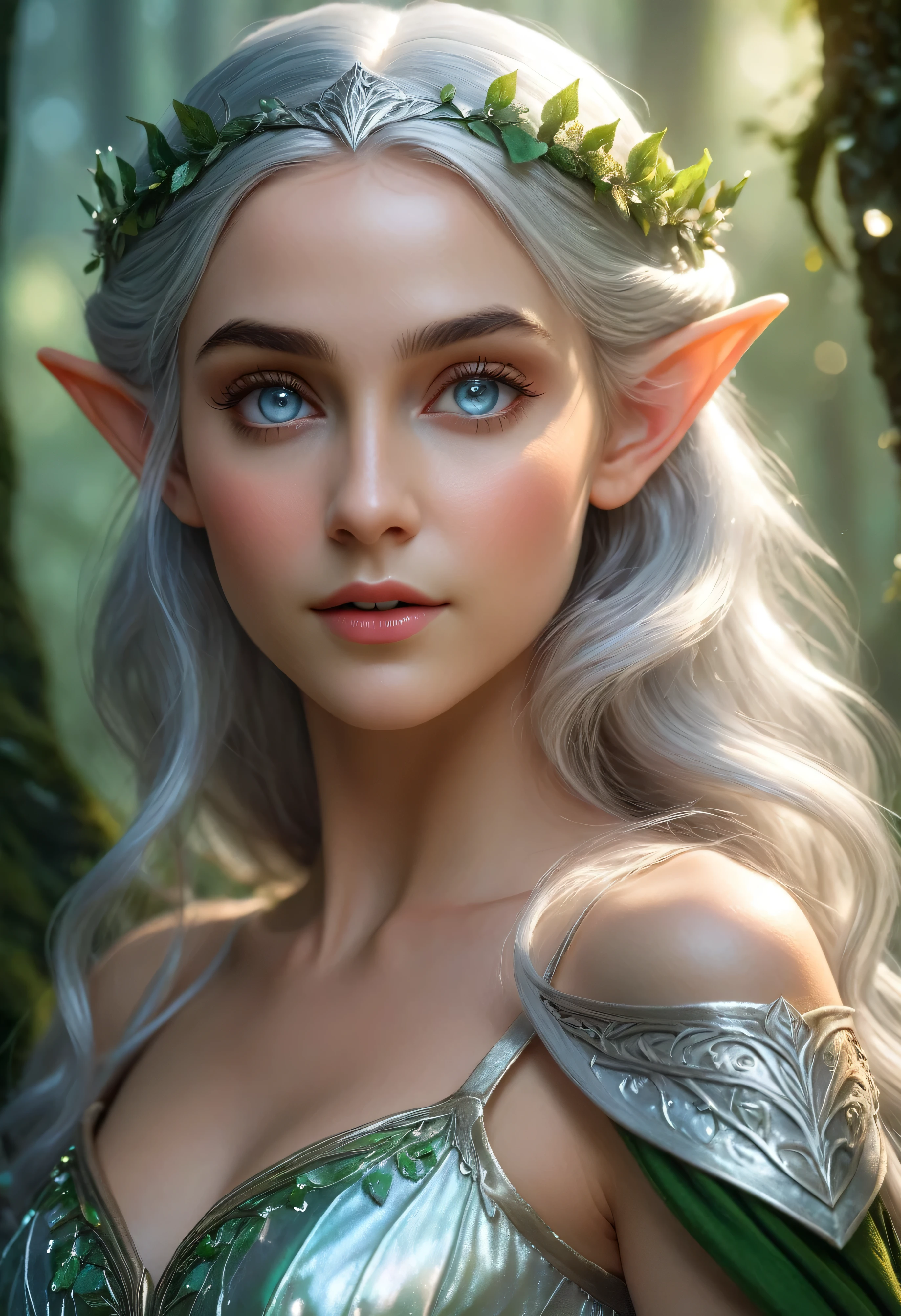 (best quality,4k,8k,highres,masterpiece:1.2),ultra-detailed,(realistic,photorealistic,photo-realistic:1.37),fantasy, elf, beautiful girl,, close-up of face, silver hair, iridescent eyes, detailed features, ethereal atmosphere, soft lighting, enchanted forest, flowing gown, graceful stance, vibrant colors
