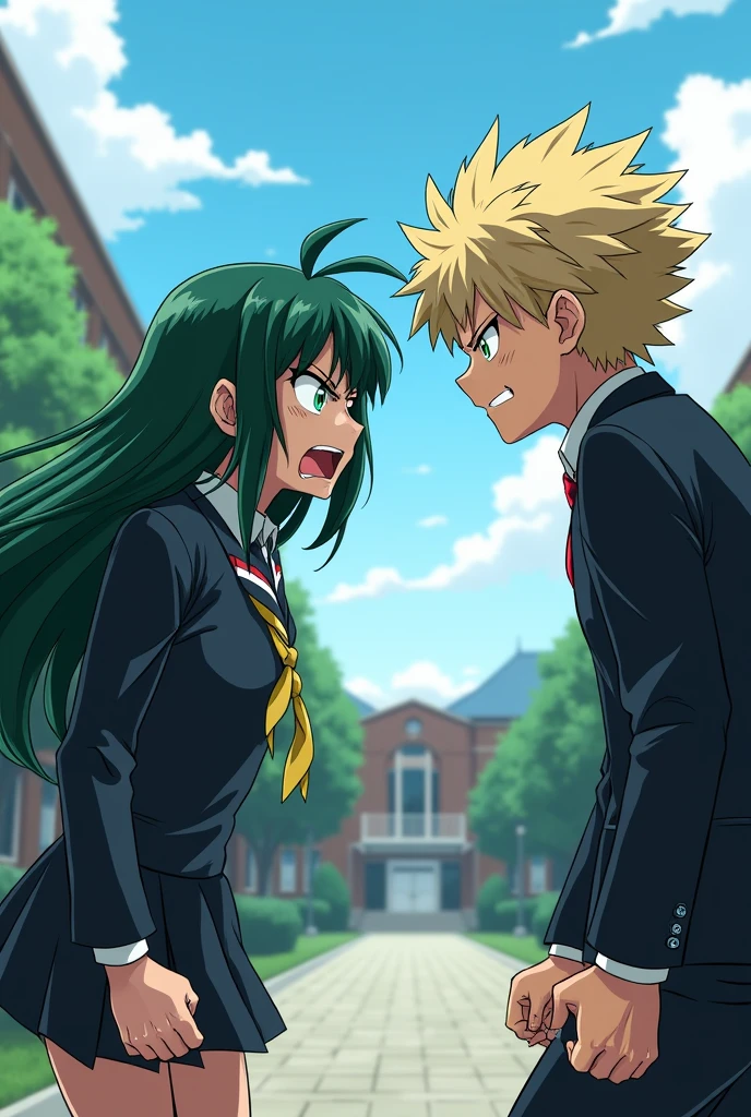 A brown haired girl with green locks and angry green eyes in MHA uniform is arguing with Katzuki Bakugo from My Hero Academia 


