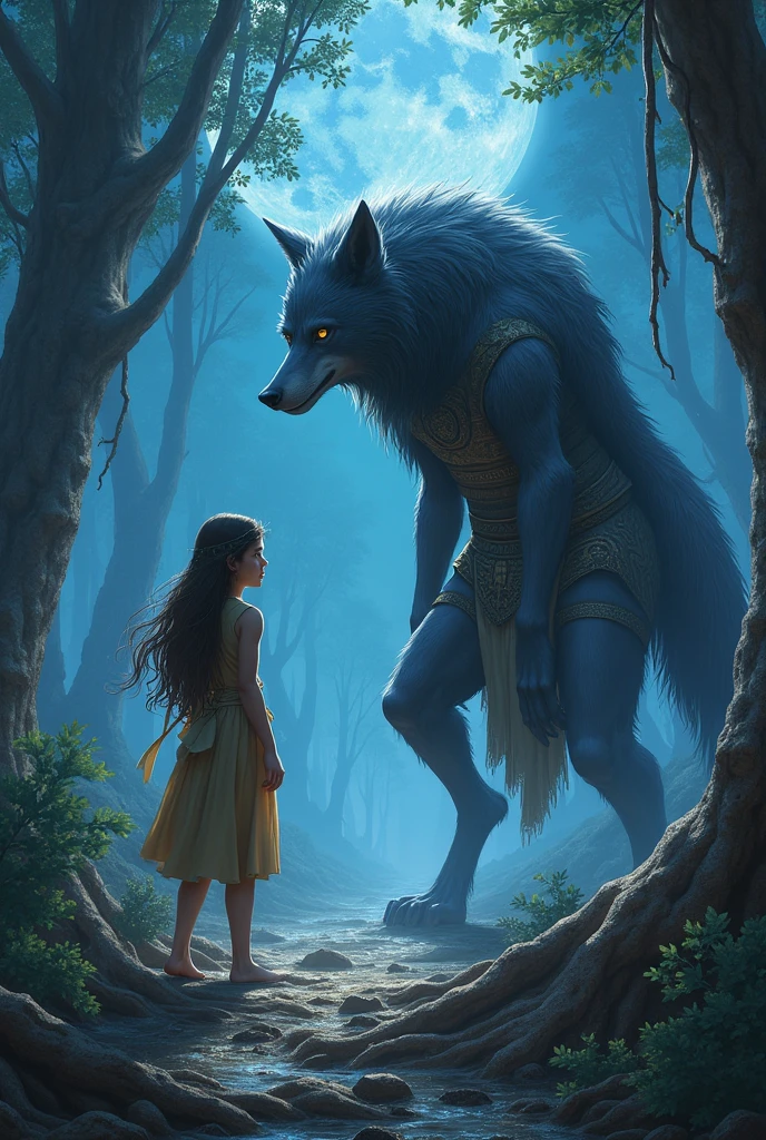 A teenage girl who goes on an adventure in the Moonlit Land with a werewolf king dressed in an ancient warrior costume. There are nerves and dimensional gates under the roots of a giant tree. Feel like fantasy.