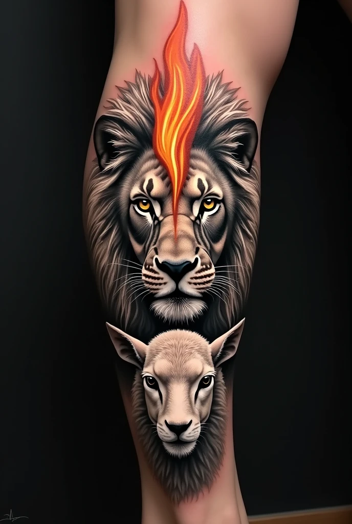 Tattoo of a lion's face looking to the left, a lamb's face below it looking to the right and a flame in the middle
