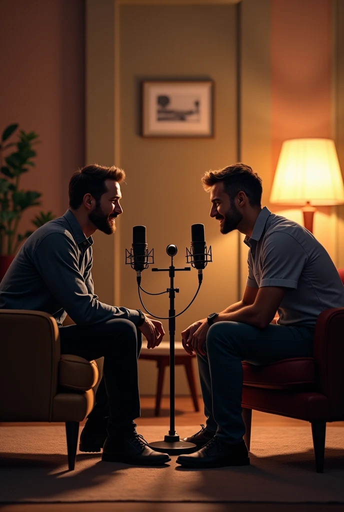 I want a image of two men people sitting in the chair and talking to eachother and giving a podcast realistic 