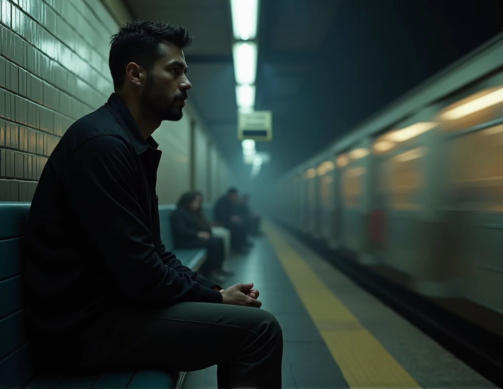 man sit on subway bench, front view. the train run behind him. Cinematic lighting