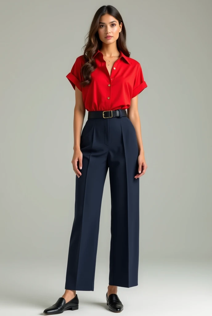 woman in red dress shirt, short sleeve, long navy blue pants, black belt and black shoes, Whole body