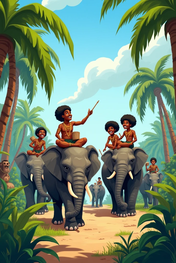 Generate a stereotypical cartoon image how western countries see Africa, a bunch of bush men riding on elephants