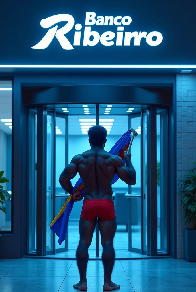 Young man in speedos from behind, at the office 