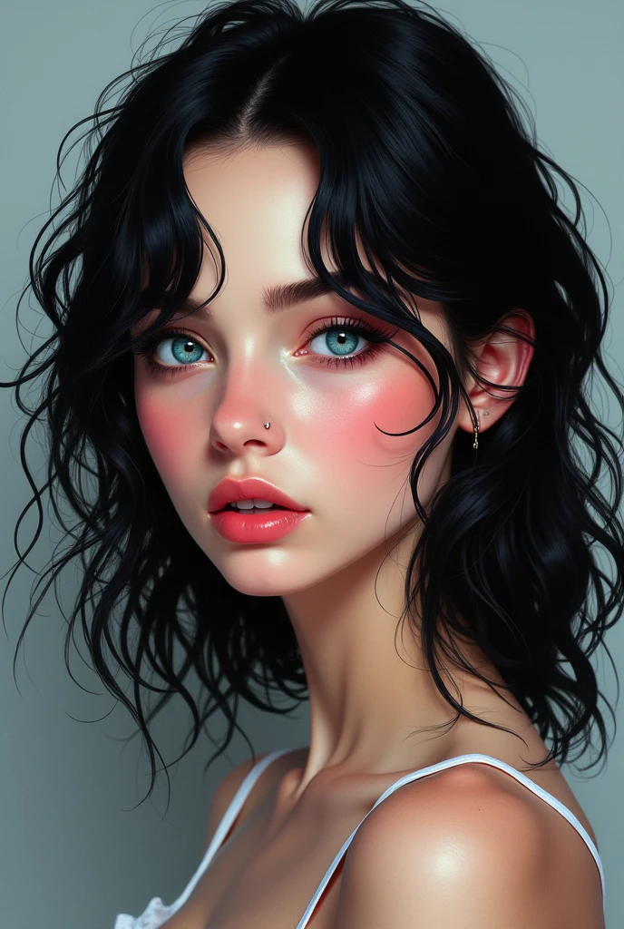 19 year old girl black hair above the shoulders wavy blue eyes little white makeup, nose piercing