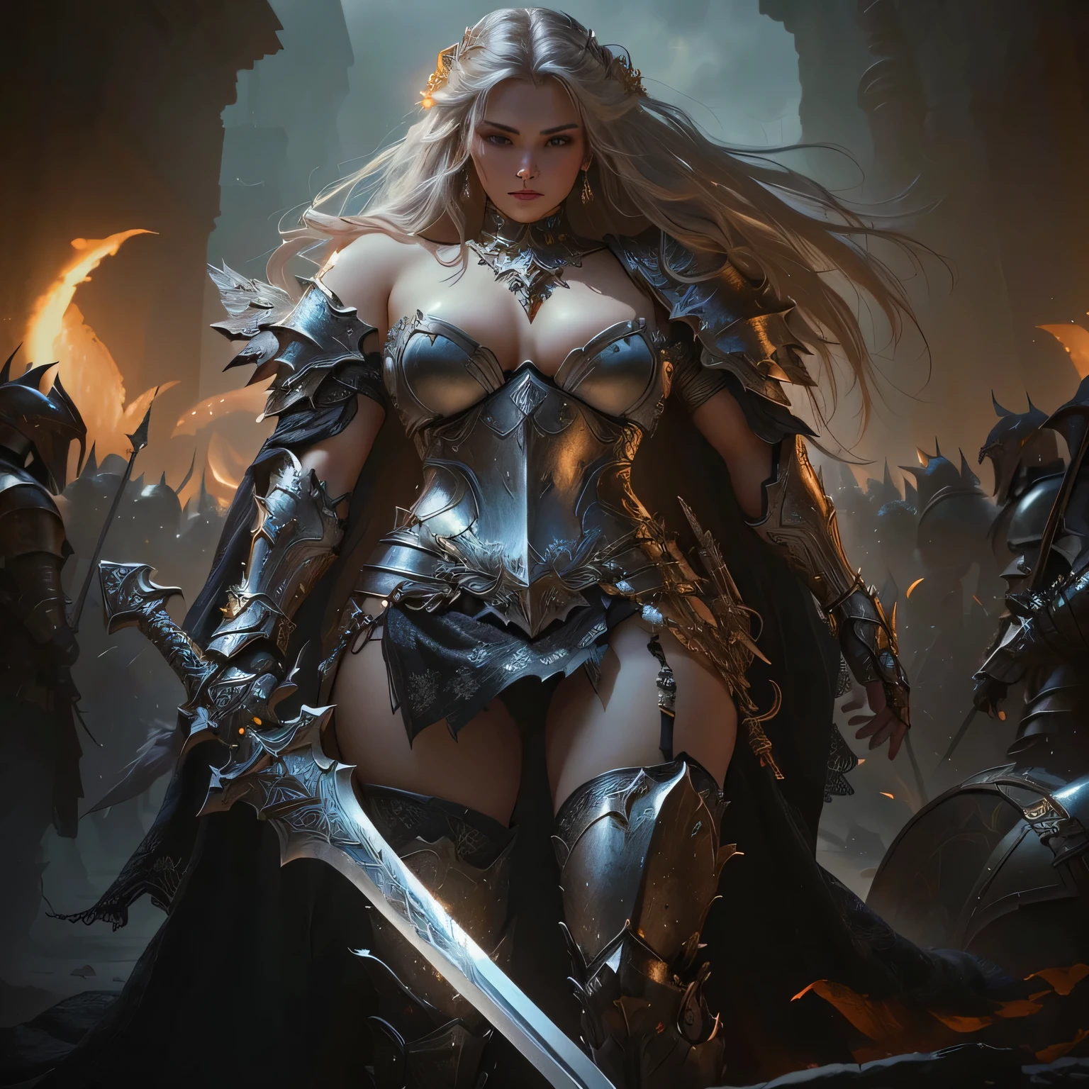 a woman in armor holding a sword standing in front of a group of people, detailed fantasy art, fantasy warrior, 4k fantasy art, fantasy woman, of a beautiful female golden knight, fantasy paladin woman, beautiful female golden knight, epic fantasy digital art style, detailed fantasy digital art, epic fantasy art style hd, a fantasy warrior, epic fantasy character art, female warrior