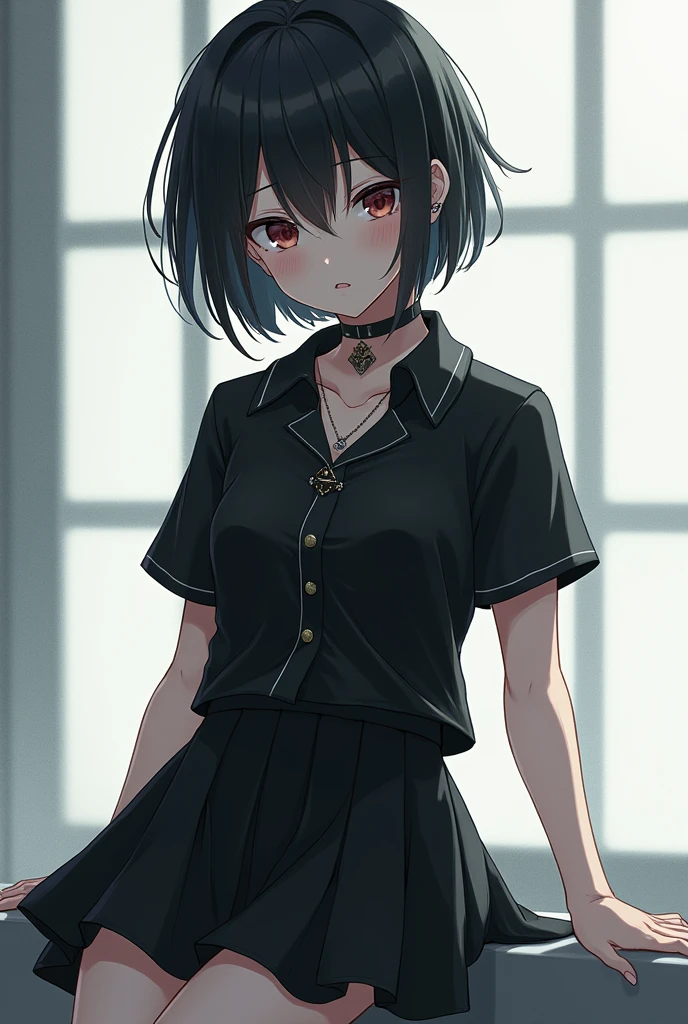 Emo female anime character ,Short black hair,Short skirt ,with a black blouse, with accessories,Short-sleeved,with white skin 