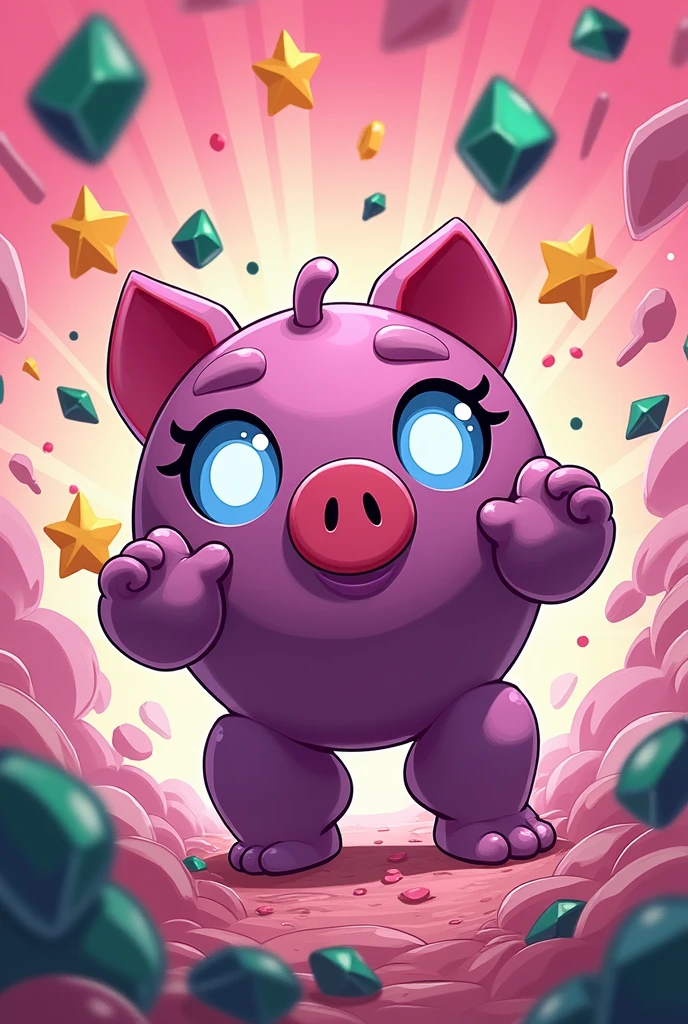 I want you to make a comic-style design of the Brawl Stars mega piggy bank like Spider-Man's: Across the Spider-Verse and put Cold Challenge and Shelly Star's new version with gems, glitter and gold, I don't want the pig, I want the mega piggy bank and the two brawlers already mentioned before, no spiders. put green game gems, gold coins and bling, also make the pig cute, Okay but put on a victory pose with a big green gem and bling from the brawl stars game and make the cute pig very cute and small that looks tender with big shiny eyes like envy from inside out 2 but keeping the style of brawl stars and pastel pink color with blue eyes and yellow stars in the background. put cold brawl stars competitor and shelly star her recolor, Make her a more adorable woman with eyelashes and shiny eyes with angry eyes, angry face and victory pose, put bling from the braw stars game on the background