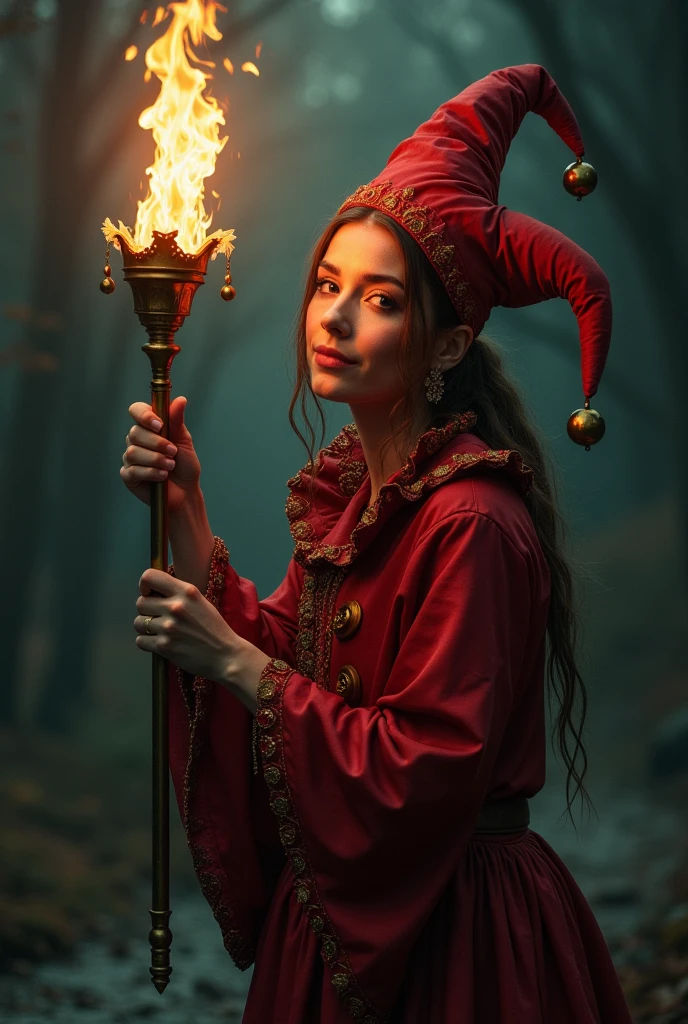 A woman with a red jester clothes and holding a torch