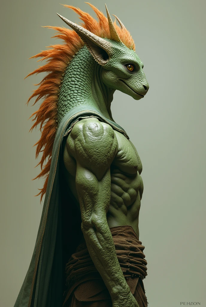 Draconid humanoid male, dull and light green color. Her body has a fine shape, with delicate features. Tailless and dressed in armor. Long-crested, varying between semi-fur and spines, with a pair of very small horns. The color varies between ochre and terracotta.. pointy ears, that remain low.