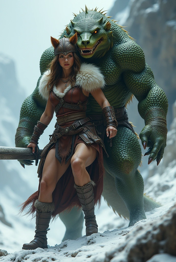 Female werewolf in viking costume , being carried in the arms of a strong lizard man with green scales