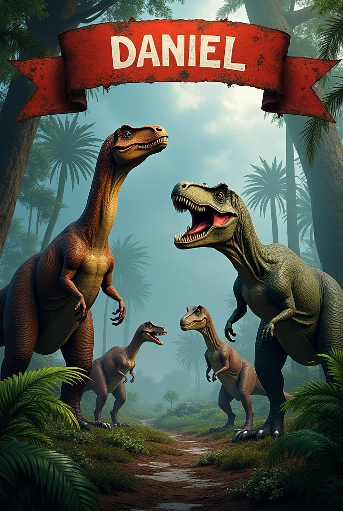 Jurassic World themed birthday invitation template with space to insert text and a banner at the top that says DANIEL, In Portuguese.