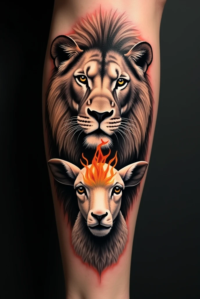 Tattoo of a lion&#39;s face looking to the left, a lamb&#39;s face below it looking to the right and a flame in the middle 