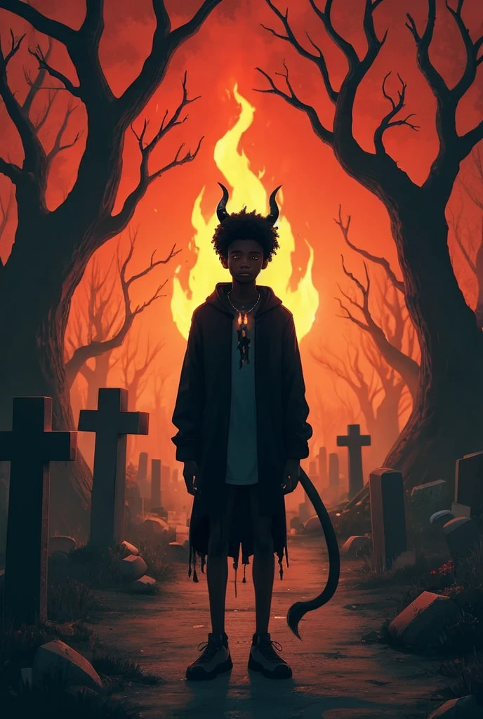 Black teenager with tail and horns standing at crossroads in a cemetery, on his back catches fire 
