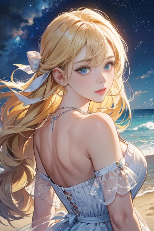 (masterpiece、Highest quality、8k、High resolution)、(The best beautiful girl)、Best Style、(The most beautiful face)、Beautiful Skin、Clean blue eyes、Beautiful Lips、Beautiful Nose、Blonde、Ample breasts、Walking on the beach、look back、Ocean、You can see the forest、A bright night with the stars clearly visible、Beautiful starry sky、milky way、(体whole bodyから神秘的な光の粒子、Colorful light)、The face is beautiful、(jewelry、necklace)、White lace dress、(whole body)、Highly detailed anime art、A complete portrayal、