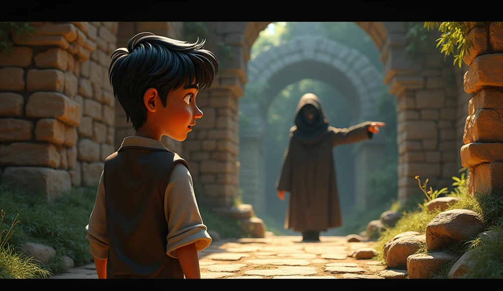 In 3D animation style:**Ramesh standing in front of the ancient, dilapidated ruins**, his face filled with fear and curiosity, with the mysterious man silently pointing towards the hidden treasure.