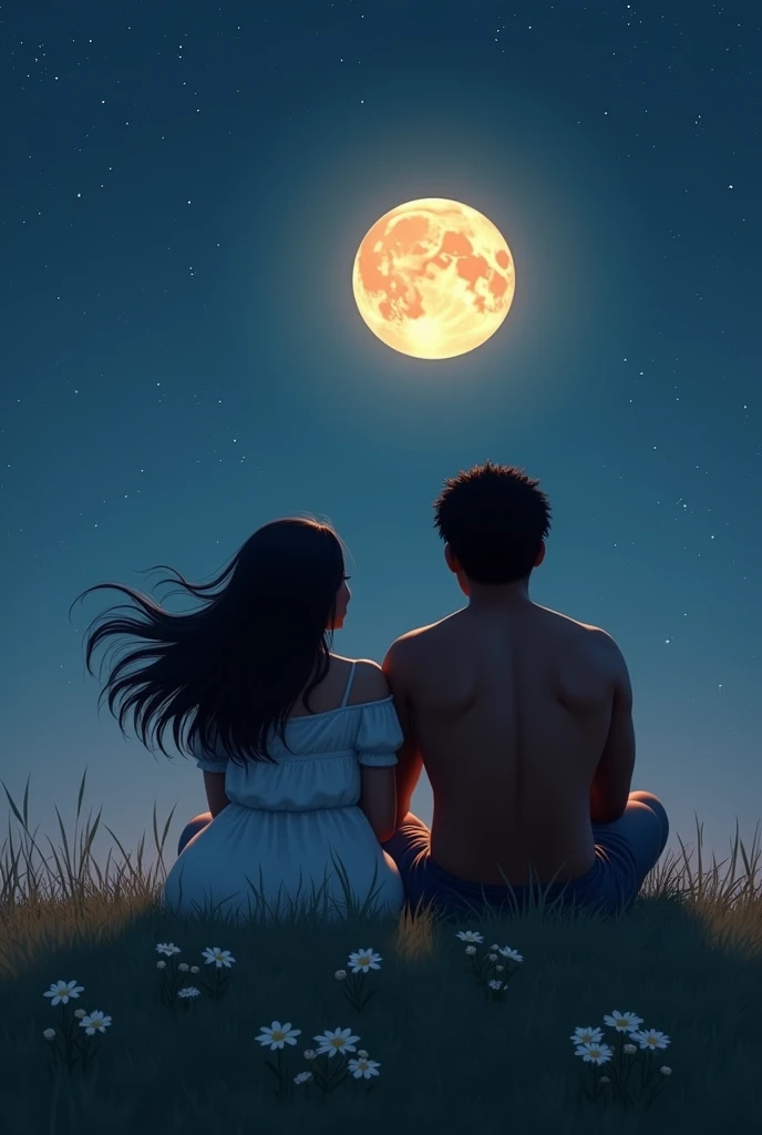 Chubby long haired woman and a black man sitting on the grass looking at the sky full moon and stars