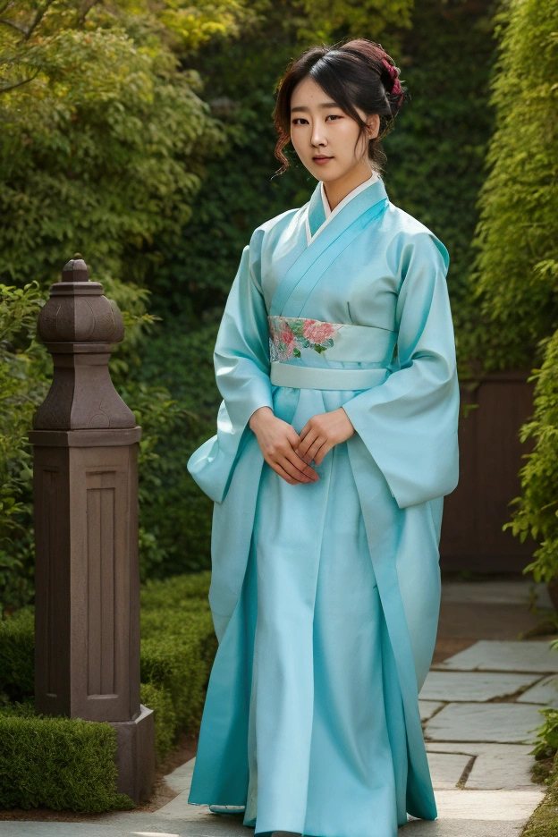 A young Korean woman, aged 22, dressed in a vibrant traditional Hanbok, standing confidently in a serene garden setting. The intricate garment, with its flowing silk skirt and embroidered chest piece, adds an elegant and cultural dimension to the scene. Her hair is styled in a sleek bun adorned with a delicate hairpin, showcasing her graceful neckline. The woman's gaze is fixed on the camera, emanating a sense of poise and self-assurance. The background is a harmonious blend of lush foliage and blooming flowers, creating a private, intimate space that complements the subject's dignified presence. The vibrant colors of the Hanbok and the natural beauty of the garden form a stark contrast to the controversial and unconventional tattoo of a butterfly delicately inked at the base of her spine, peeking just above the skirt line. This unexpected detail adds a modern twist to the traditional attire, symbolizing transformation and the beauty found in breaking societal norms. The overall composition celebrates the fusion of ancient heritage with present-day individuality, inviting viewers to question and appreciate the evolving nature of cultural expressions.