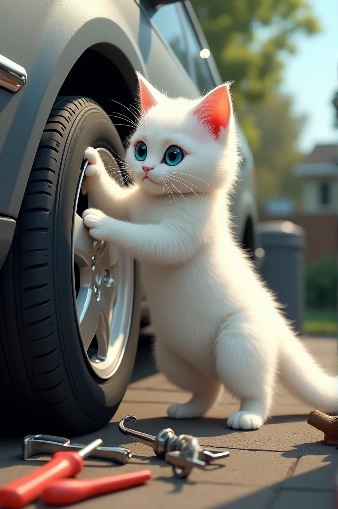 White cat changing tires