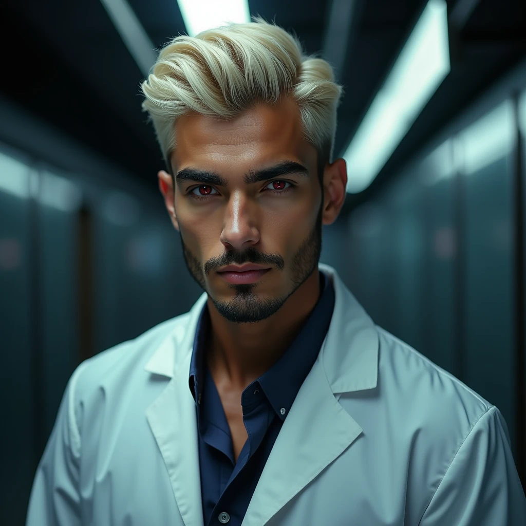Photograph headshot of a very tall Arab-Egyptian featured male model, short layered textured platinum blond wavy swept back hair, long black stubble, lithe body, brown skin, vibrant red eyes, tall toned body. Professional expression. Lab coat, dim fluorescent lighting.