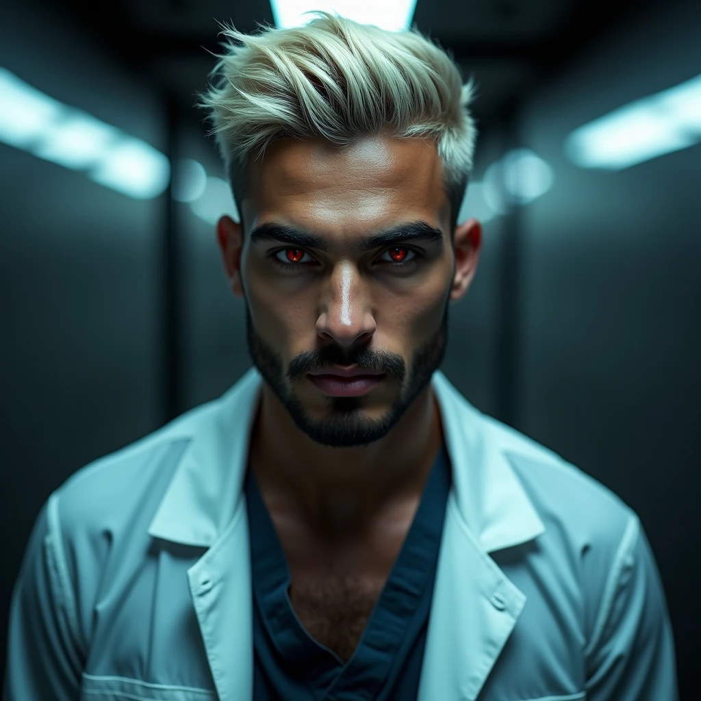 Photograph headshot of a very tall Arab-Egyptian featured male model, short layered textured platinum blond wavy swept back hair, long black stubble, lithe body, brown skin, vibrant red eyes, tall toned body. Professional expression. Lab coat, dim fluorescent lighting.