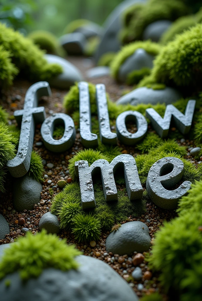 Construct "Follow Me" using rugged stones or rocks, with patches of soft green moss growing over them. The text could look as though it’s part of an ancient stone path or hidden in a forest, inviting the viewer to explore further.