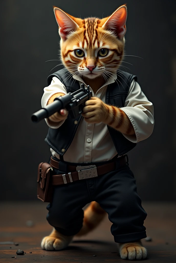 Bengal cat dressed as Han Solo from Star Wars fires a ray gun,Without cloak.dramatic,4K