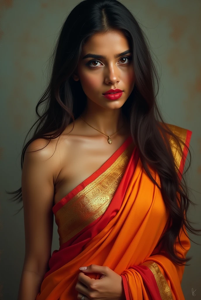 A young man in a lady saree and blouse and attractive face and showing big boobs and long silky hair and red lipistic and hot thick chest