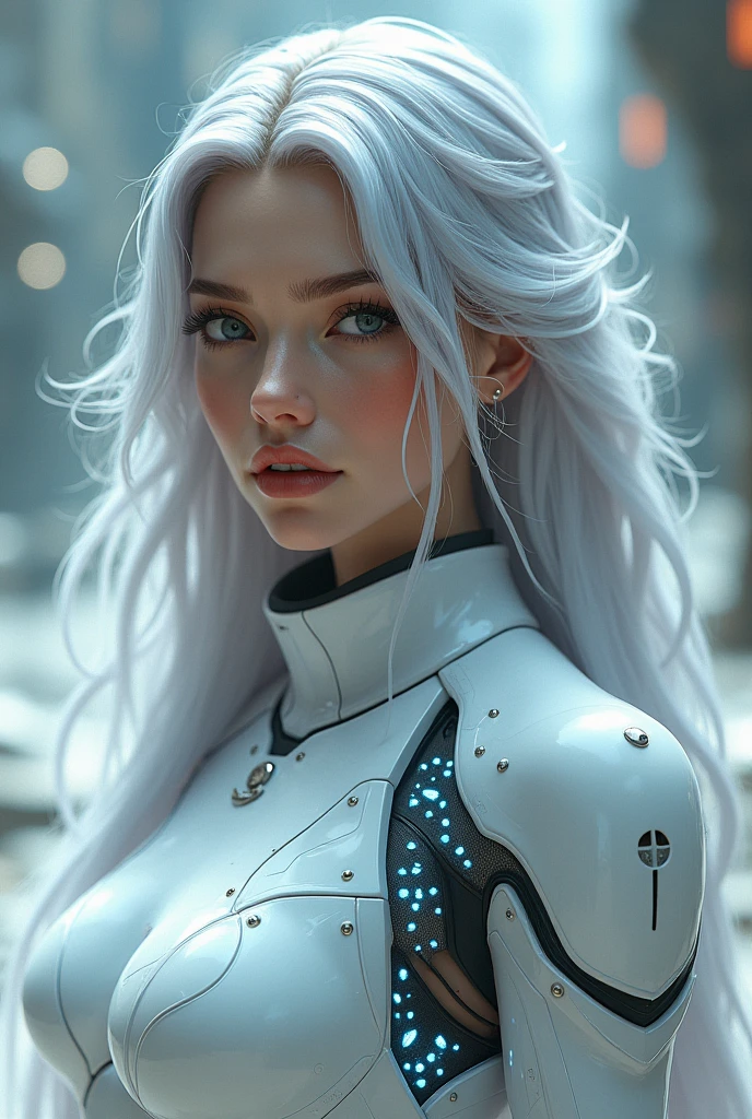 a cyber woman in sleek futuristic white armor, beautiful detailed eyes, beautiful detailed lips, extremely detailed face and skin, long flowing silver hair, advanced cybernetic enhancements, intricate futuristic patterns on the armor, glowing energy effects, cinematic lighting, dramatic camera angle, (best quality,4k,8k,highres,masterpiece:1.2),ultra-detailed,(realistic,photorealistic,photo-realistic:1.37),cinematic lighting,dramatic shadows,vibrant colors,digital art,concept art,science fiction,cyberpunk