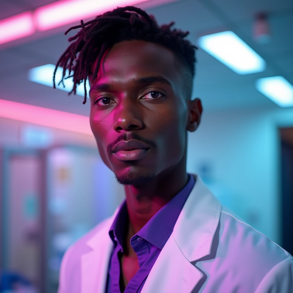Photograph headshot of a very tall French-Nubian featured male model, chin length wavy hair parted to the side hair, shaved chin, shaved upper lip, toned body, ebony skin, vibrant purple eyes, tall thin toned body. Kind expression. Doctor coat, purple shirt, fluorescent lighting.