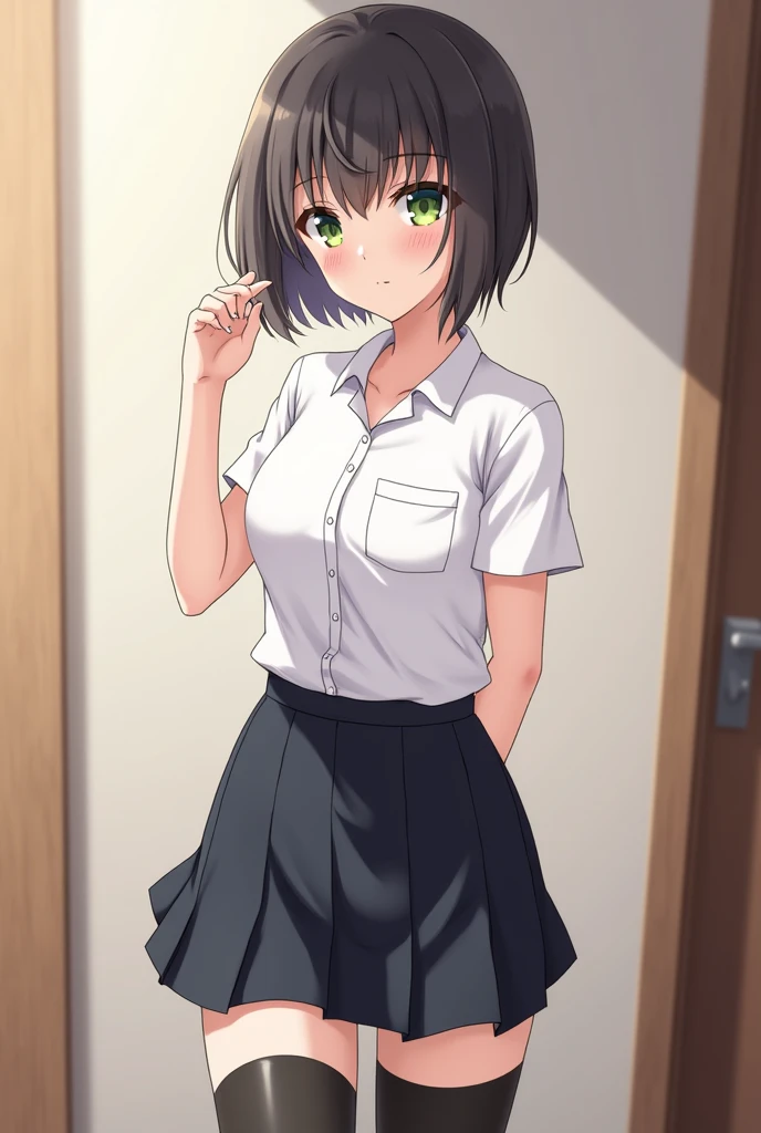 mahiru shiina, black thigh, small breast, uniform