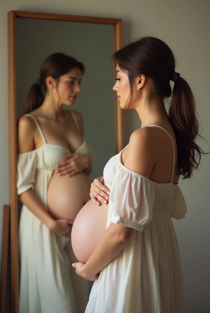 Caucasian female, medium brown tied hair, pregnant, posing for a photo in a mirror