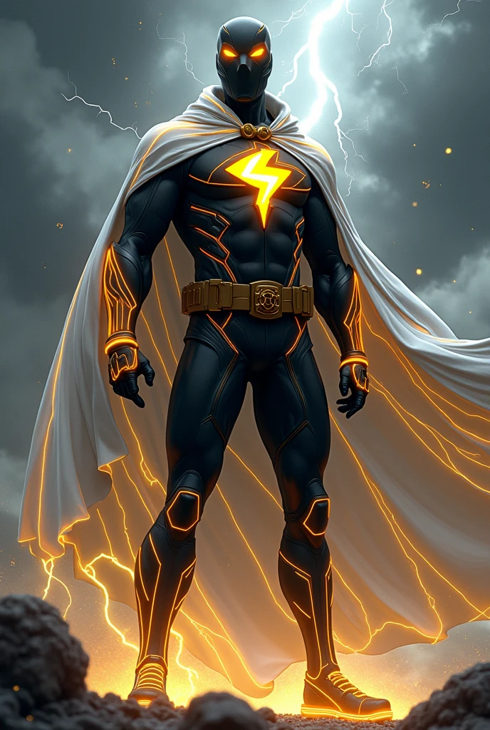 Create a hero with a black uniform with a lightning bolt on the chest and a white cape with golden anime lines