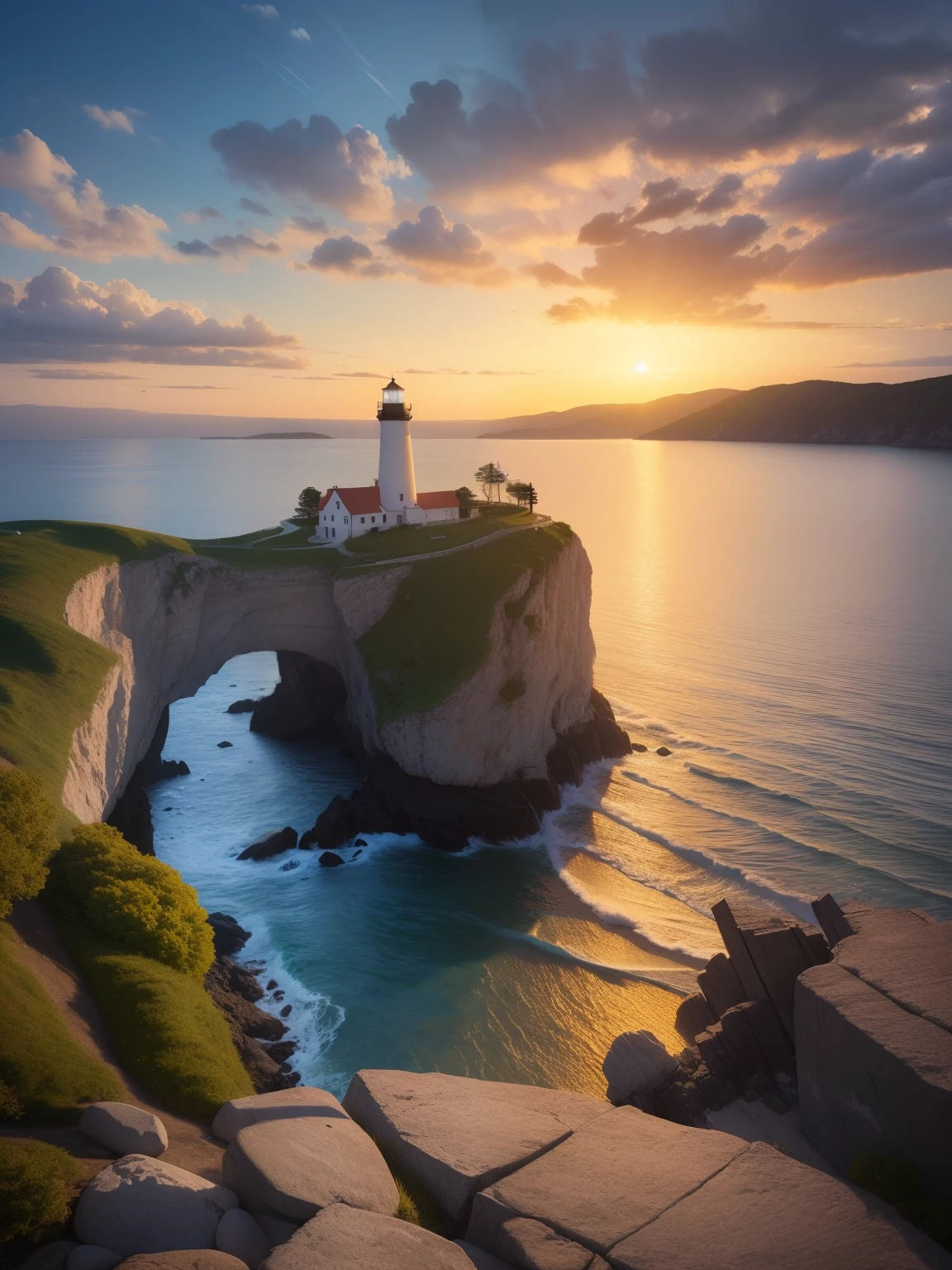 a painting of a lighthouse on a rocky shore with a sunset, beautiful art uhd 4 k, detailed painting 4 k, breathtaking masterpiece of art, 8 k hd detailed oil painting, beautiful painting, detailed 4 k oil painting, stunning painting, oil painting 4k, oil painting 4 k, beautiful painting of a tall, highly detailed 4 k painting, a beautiful painting