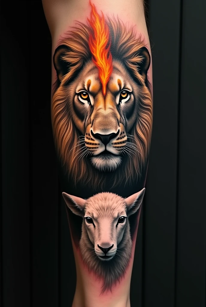 Tattoo of a lion's face looking to the left, a lamb's face below it looking to the right and a flame in the middle