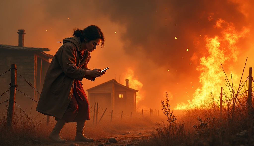 Unwanted Burning grass in poor house, a women dropping phone on fire