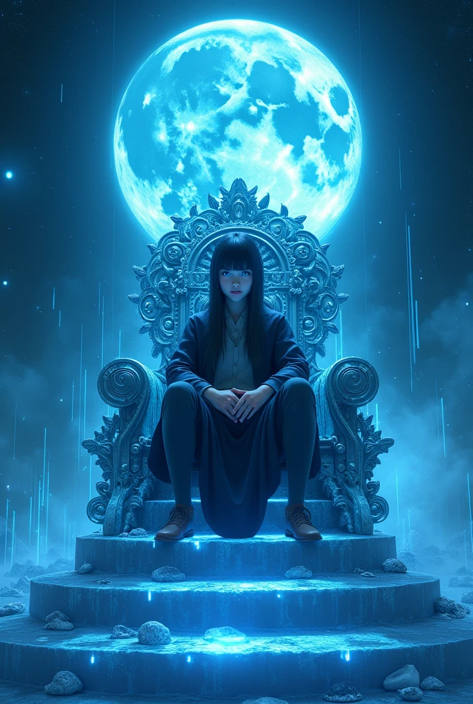 high détail, Clarity, 10 kkk, Throne of graph, young guy, 2, dark straight hair, shorth hair, blue colored eyes, with blue moon behind, ice steps to the sky to the throne in front, 真实感, 4K