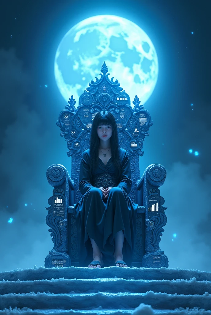 high détail, Clarity, 10 kkk, Throne of graph, young guy, 2, dark straight hair, shorth hair, blue colored eyes, with blue moon behind, ice steps to the sky to the throne in front, 真实感, 4K